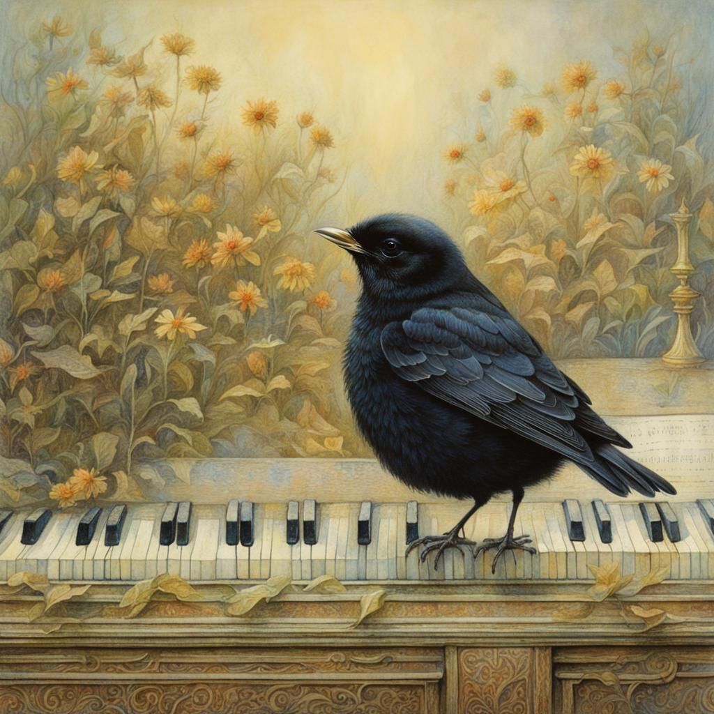 Blackbird Chick on Piano, Whimsical Illustration