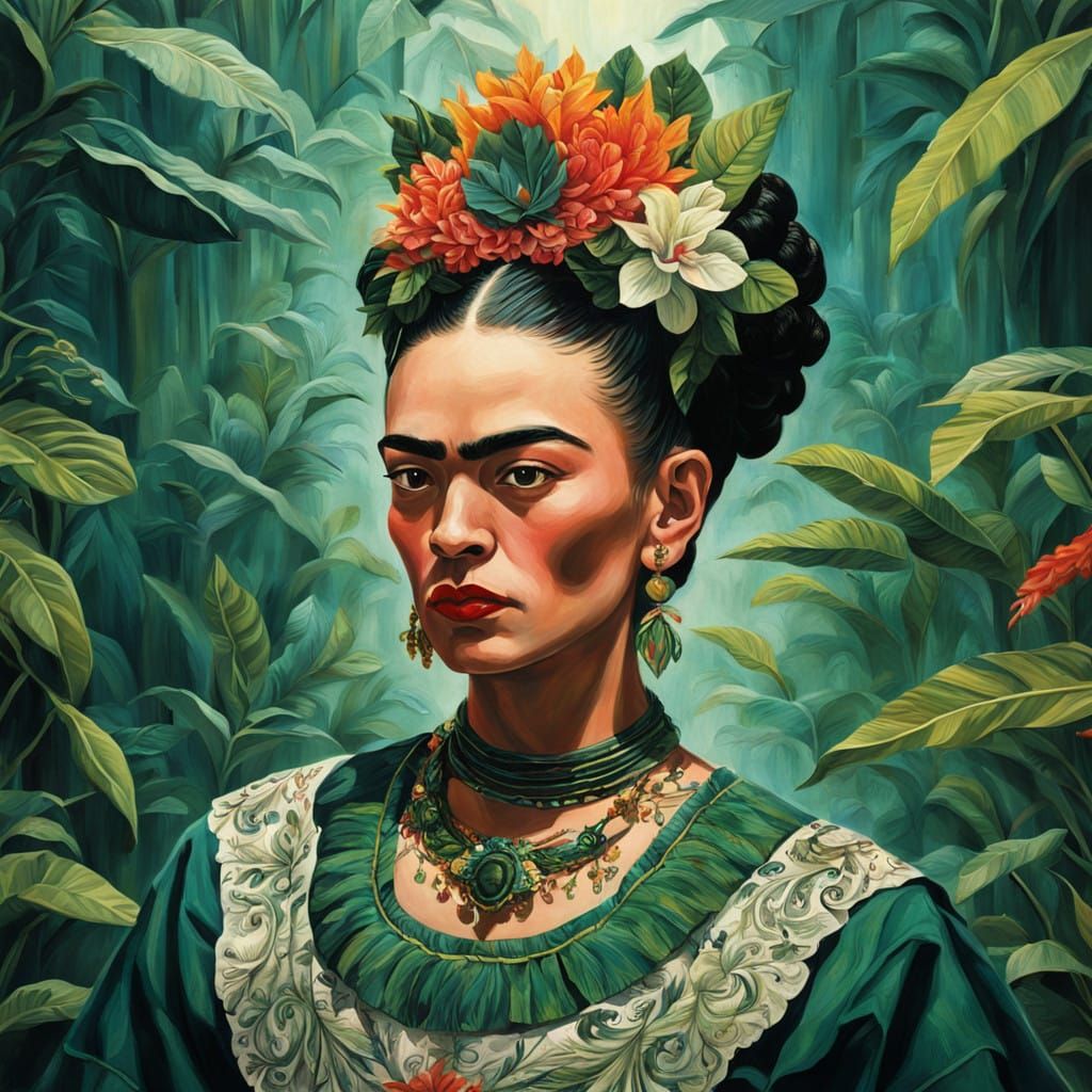 Surrealist Frida Kahlo in Vibrant Tehuana Costume, Dancing w...