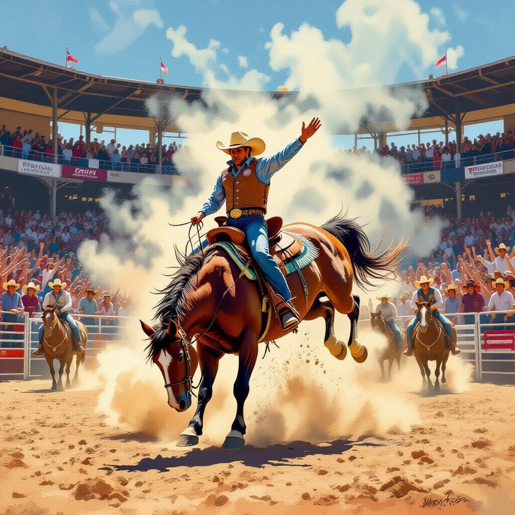 Cowboy Rides Bucking Bronco in Dramatic Rodeo Arena