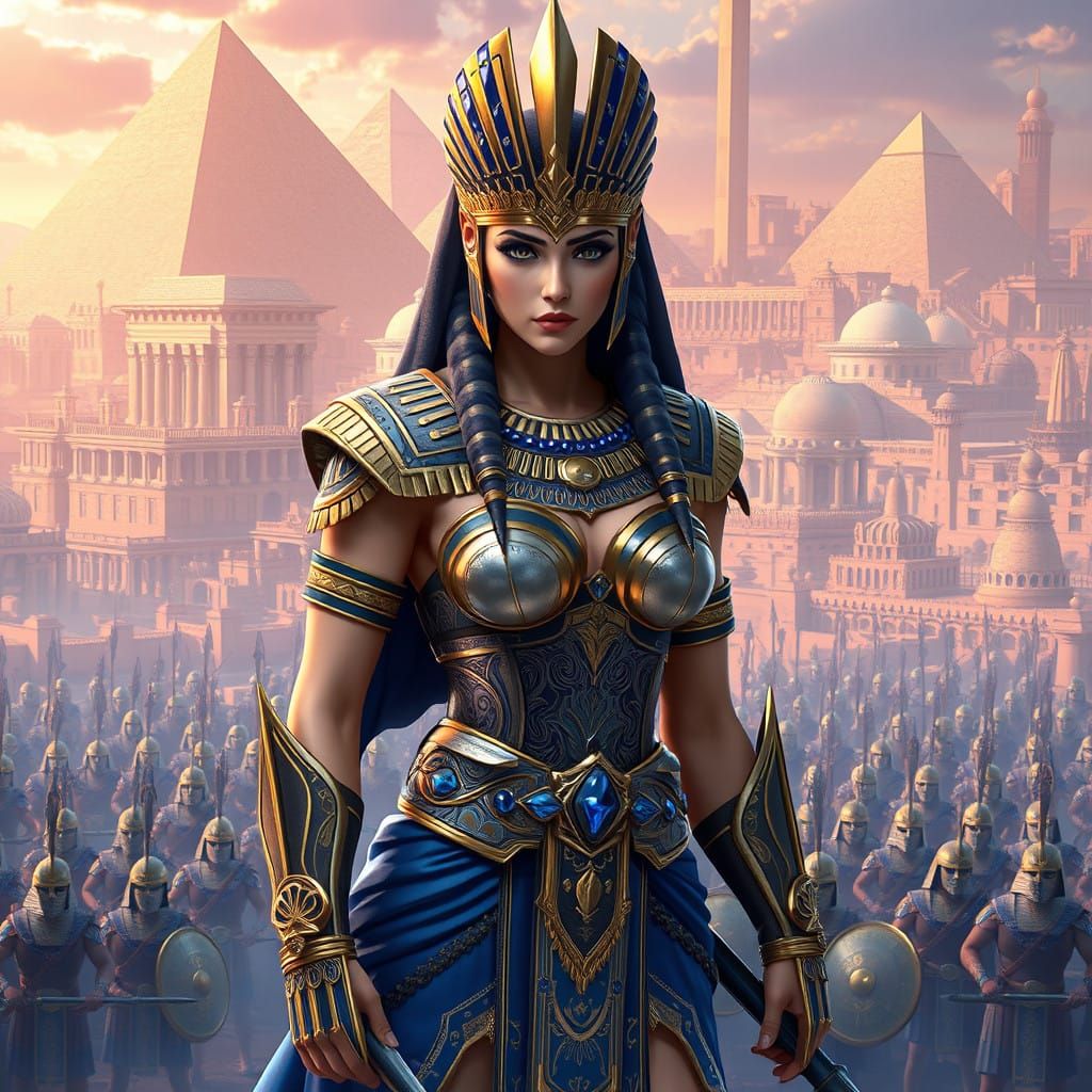 Ancient Egyptian Warrior Queen in Vibrant Cityscape