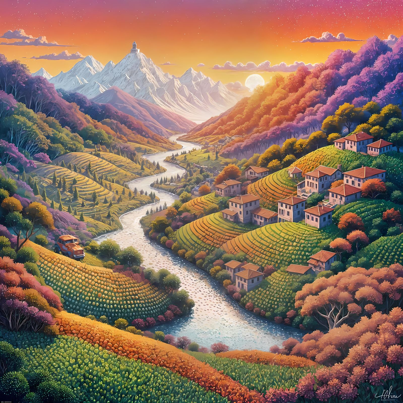 Tranquil Mountain Village Sunset in Pointillist Style