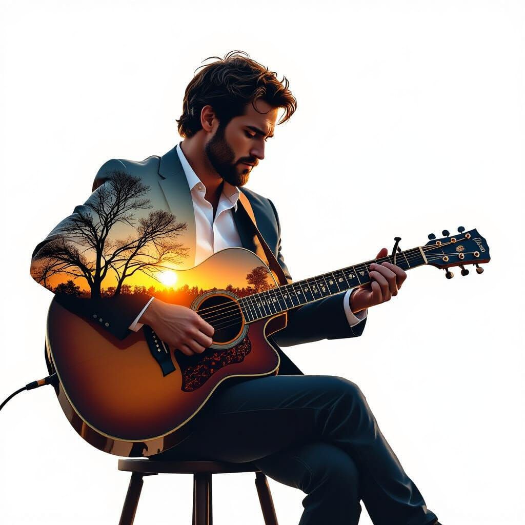 Silhouette Guitarist in Four Seasons Double Exposure