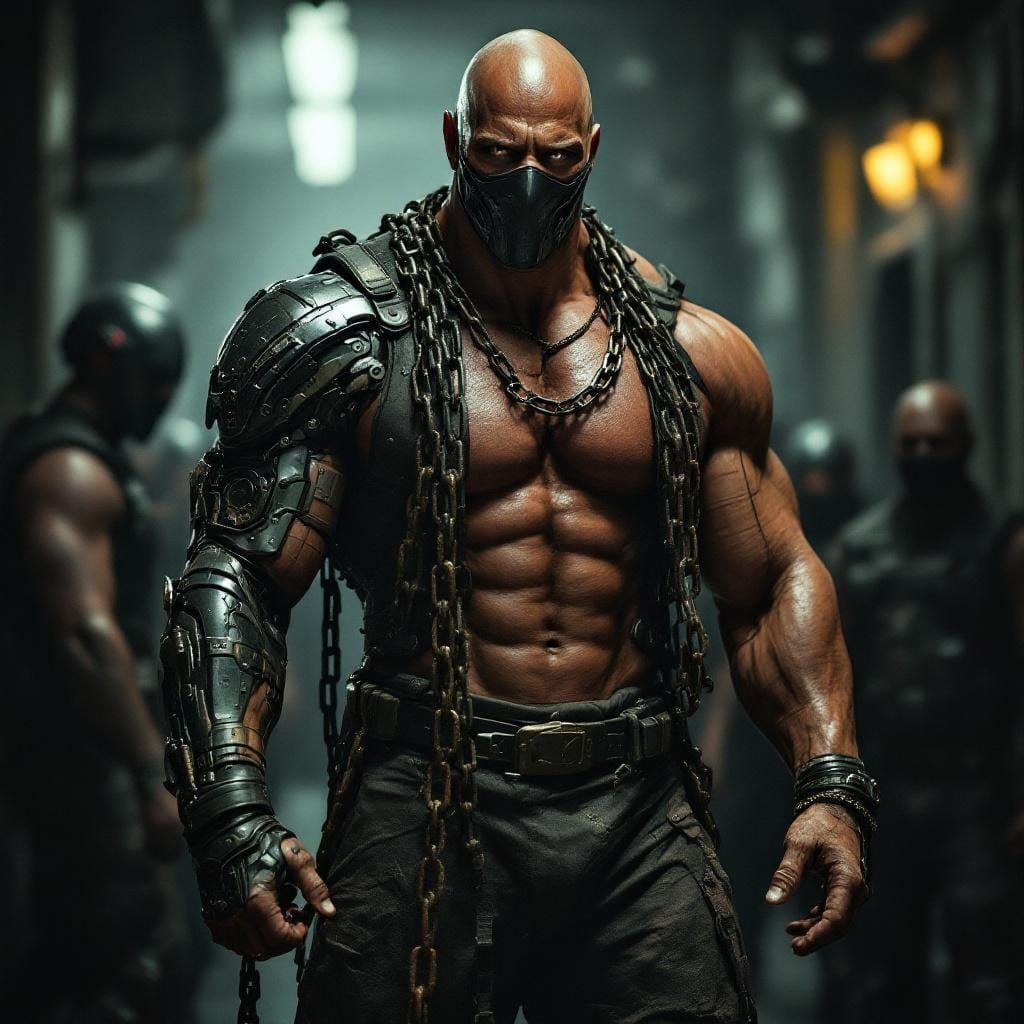 Cybernetic Warrior: Dwayne Johnson in Gritty Photorealism