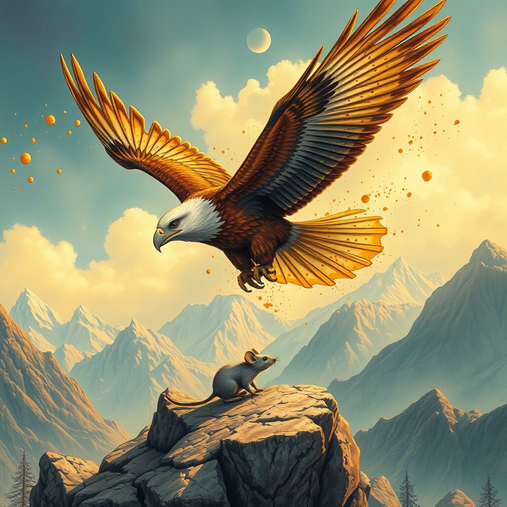 Eagle Soars Over Mouse in Mystical Landscape