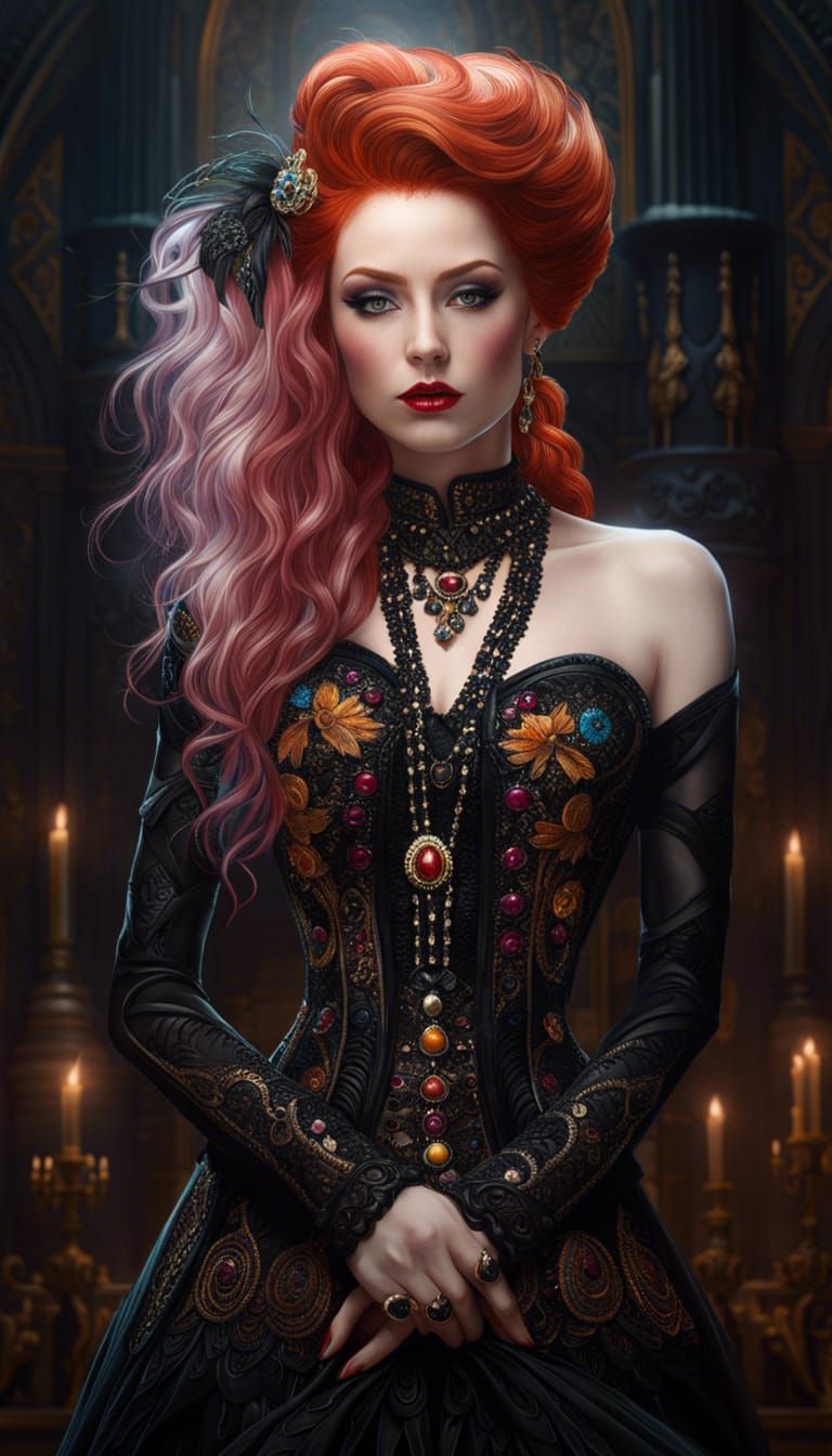 Gothic Redhead in Elaborate Black Dress