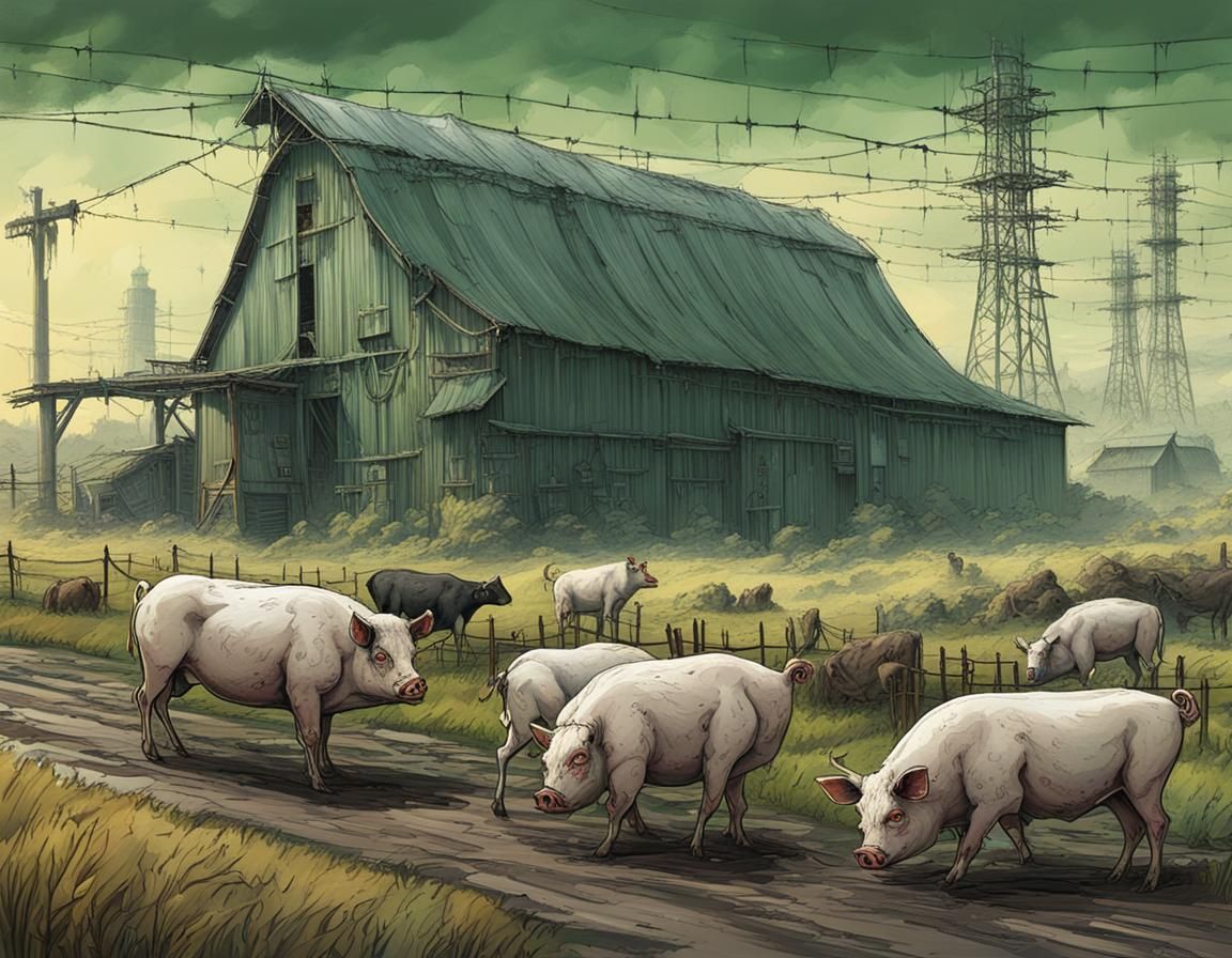 Mutant Cybernetic Farm Animals in Dystopian Landscape