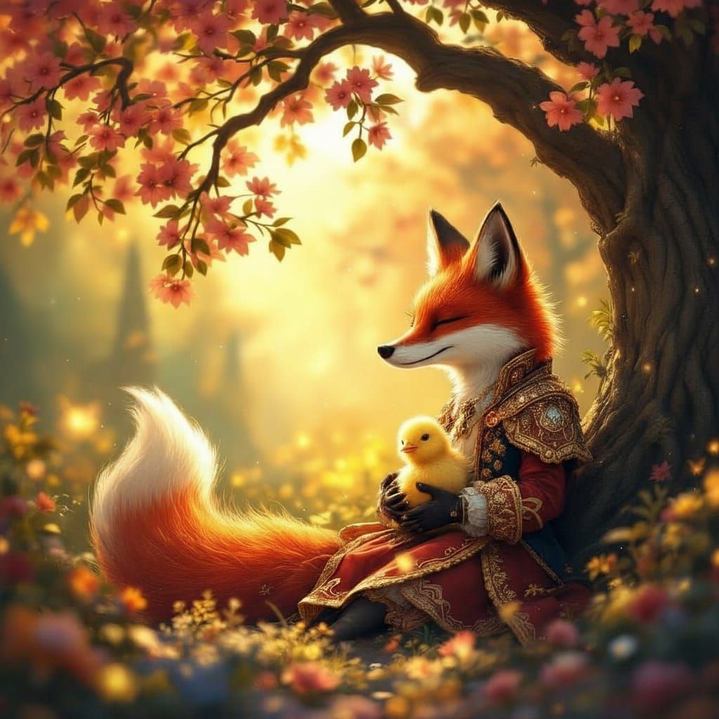 Whimsical Fox in Baroque Attire Cradles Chick in Versailles