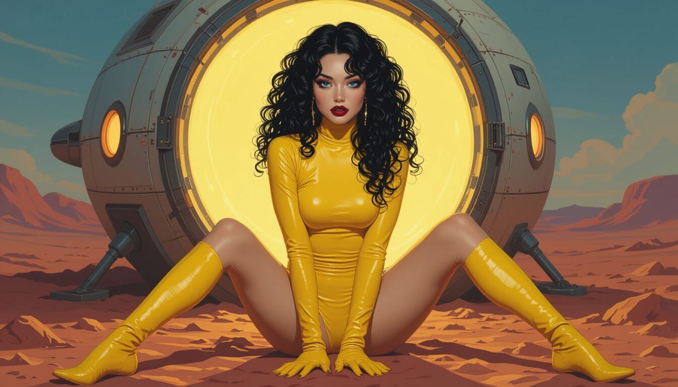 Japanese Woman Posing on Mars in Yellow Body Paint