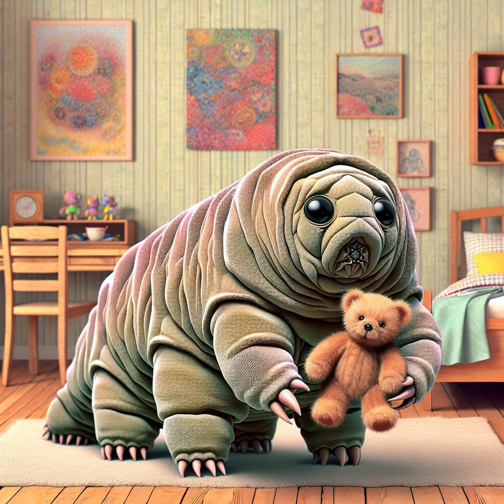 Cuddly Tardigrade in a Whimsical Bedroom Scene