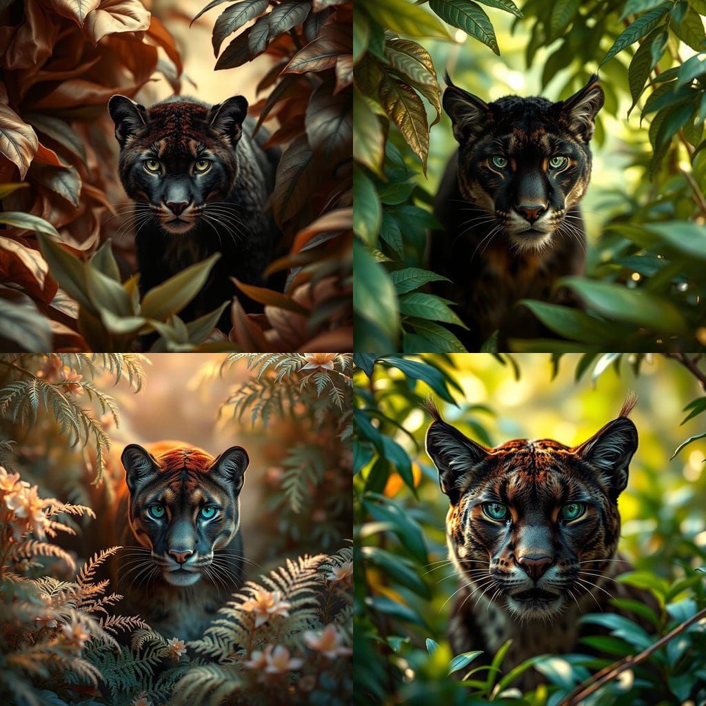 Luxurious Jungle Scene with Velvet Puma in Vibrant Silk Surr...