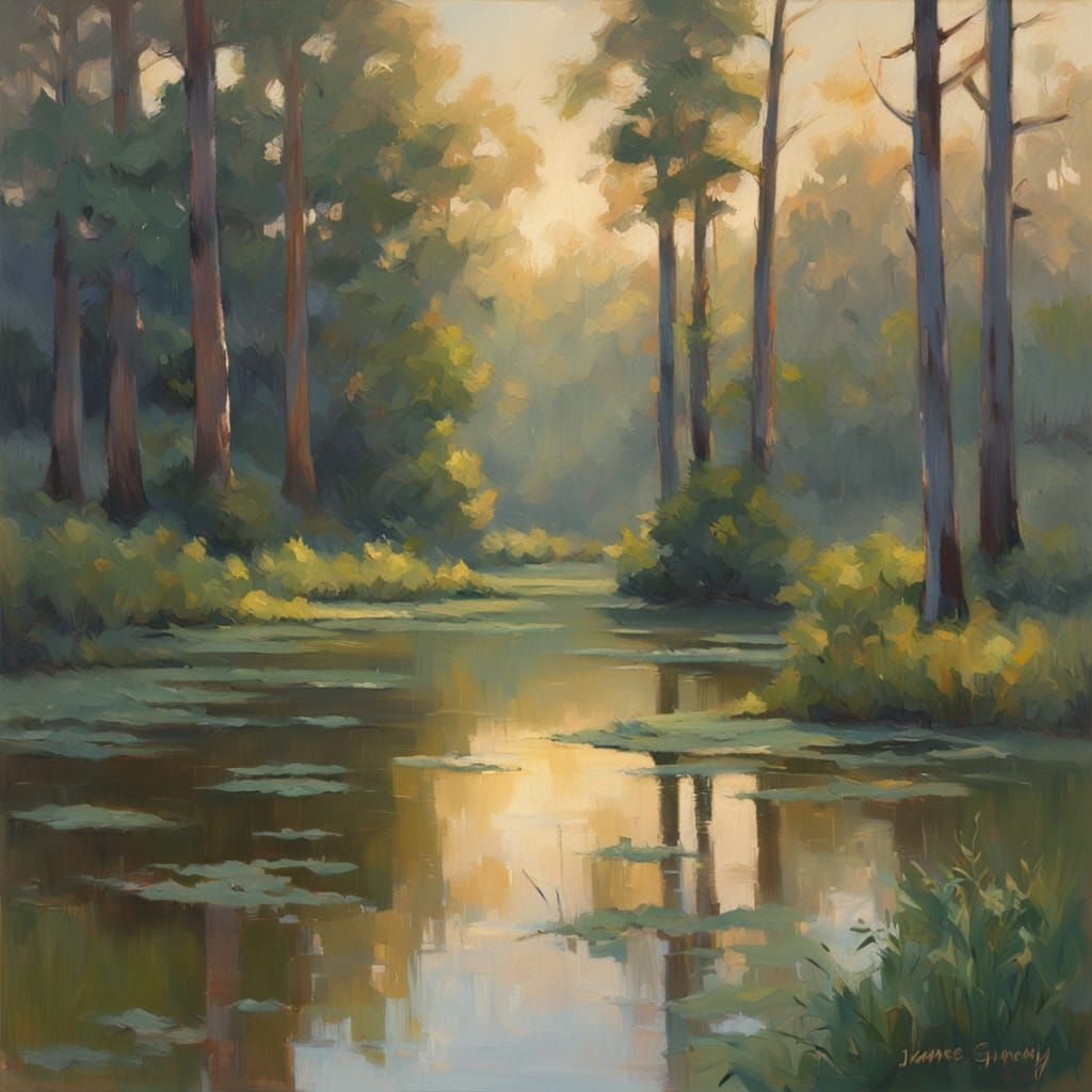 Serene Swamp Landscape in Warm Golden Light