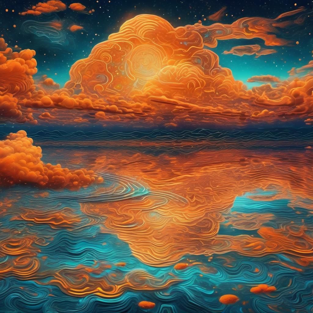 Astral Orange Clouds over Calm Sea: 8K Holographic Art