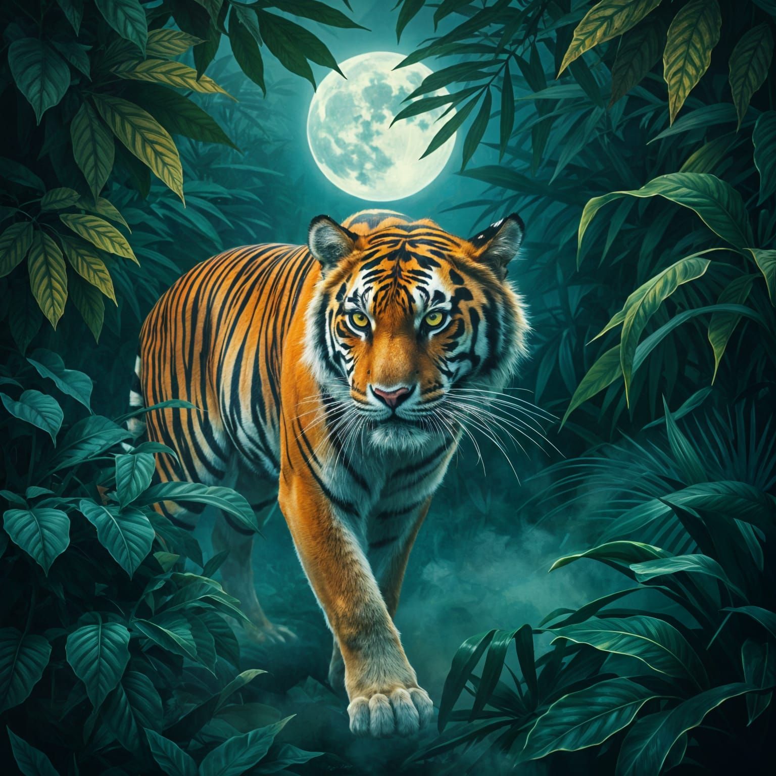 Surreal Tiger in Moonlit Jungle, Watercolor Streaks