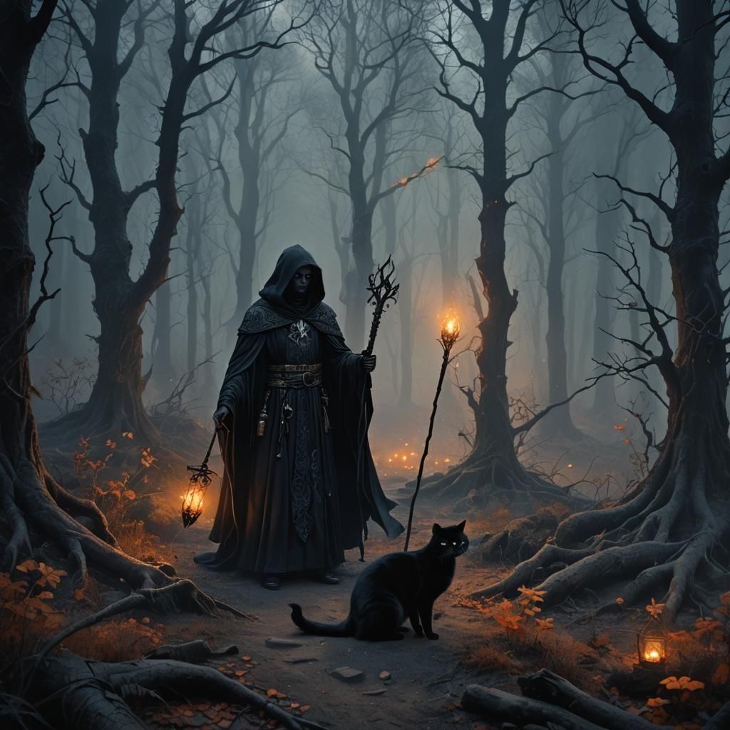 Dark Beauty Necromancer with Black Cat in Fantasy Art