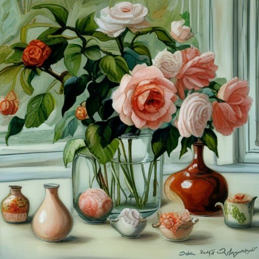 Sunset Roses in Vases, Fairytale Art