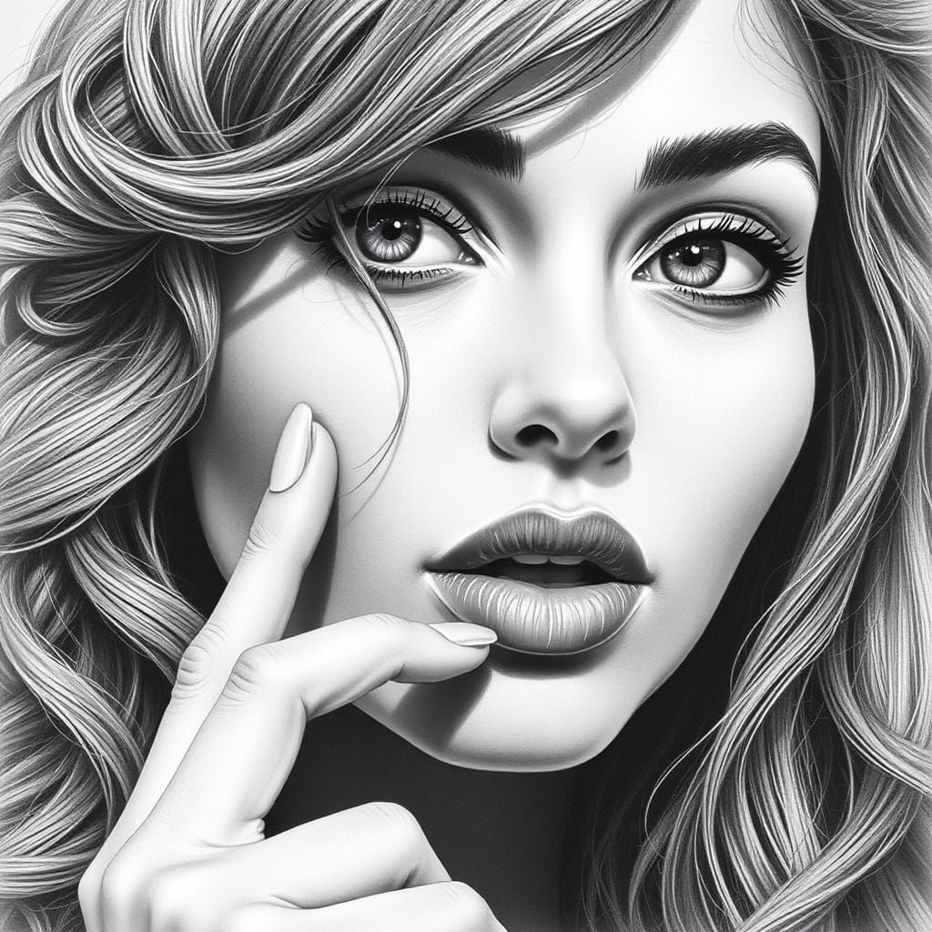 Hyper-Realistic Pencil Drawing of a Woman with Luscious Curl...