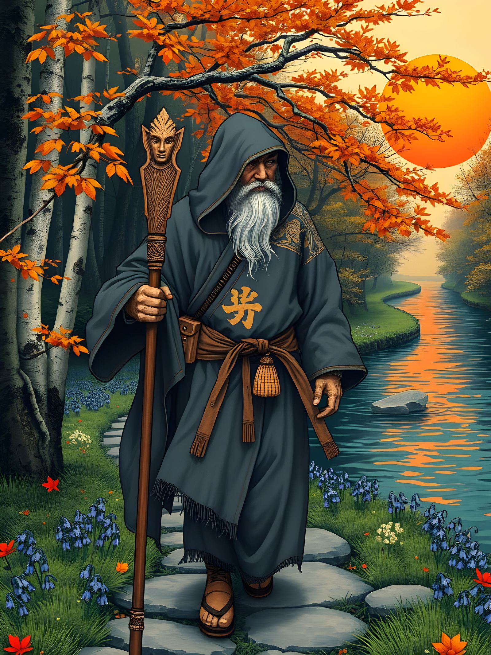 Steampunk Samurai Poet in Autumn Forest Scroll Painting