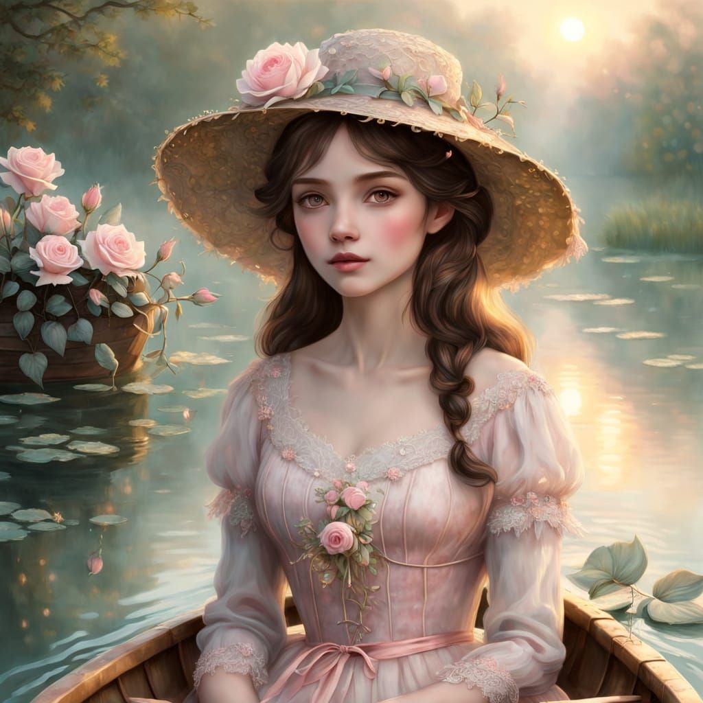 Ethereal 19th Century Lady in a Whimsical Rowboat Scene