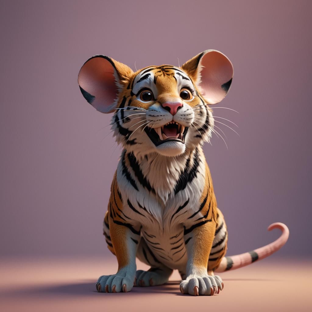 Mouse on Tiger Head: Pixar-Style 3D Digital Art