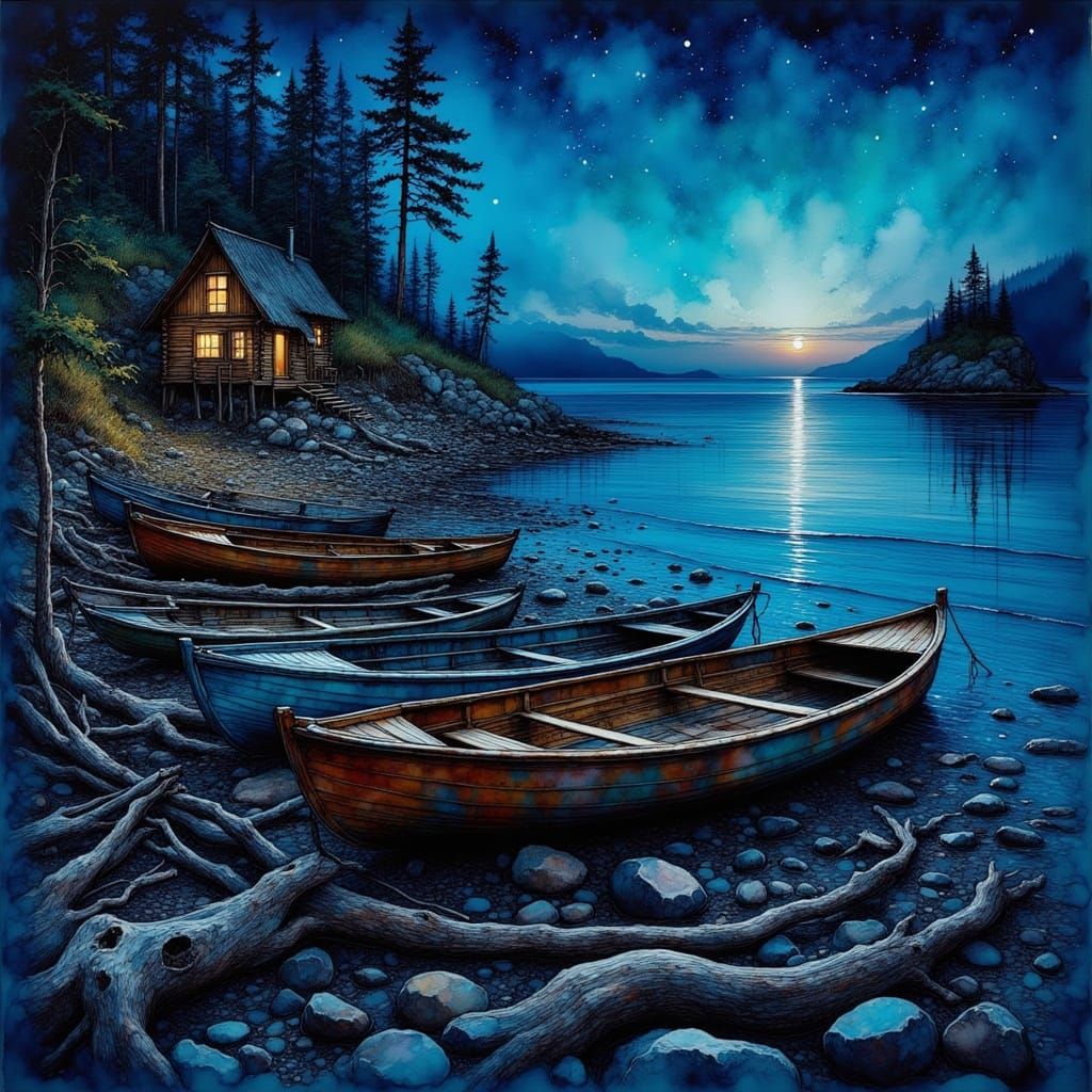 Bioluminescent Beach at Night with Rowboats