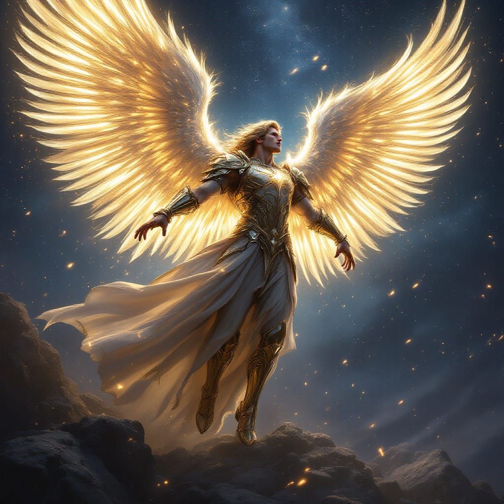 Male Angel Warrior Soaring in the Night Sky