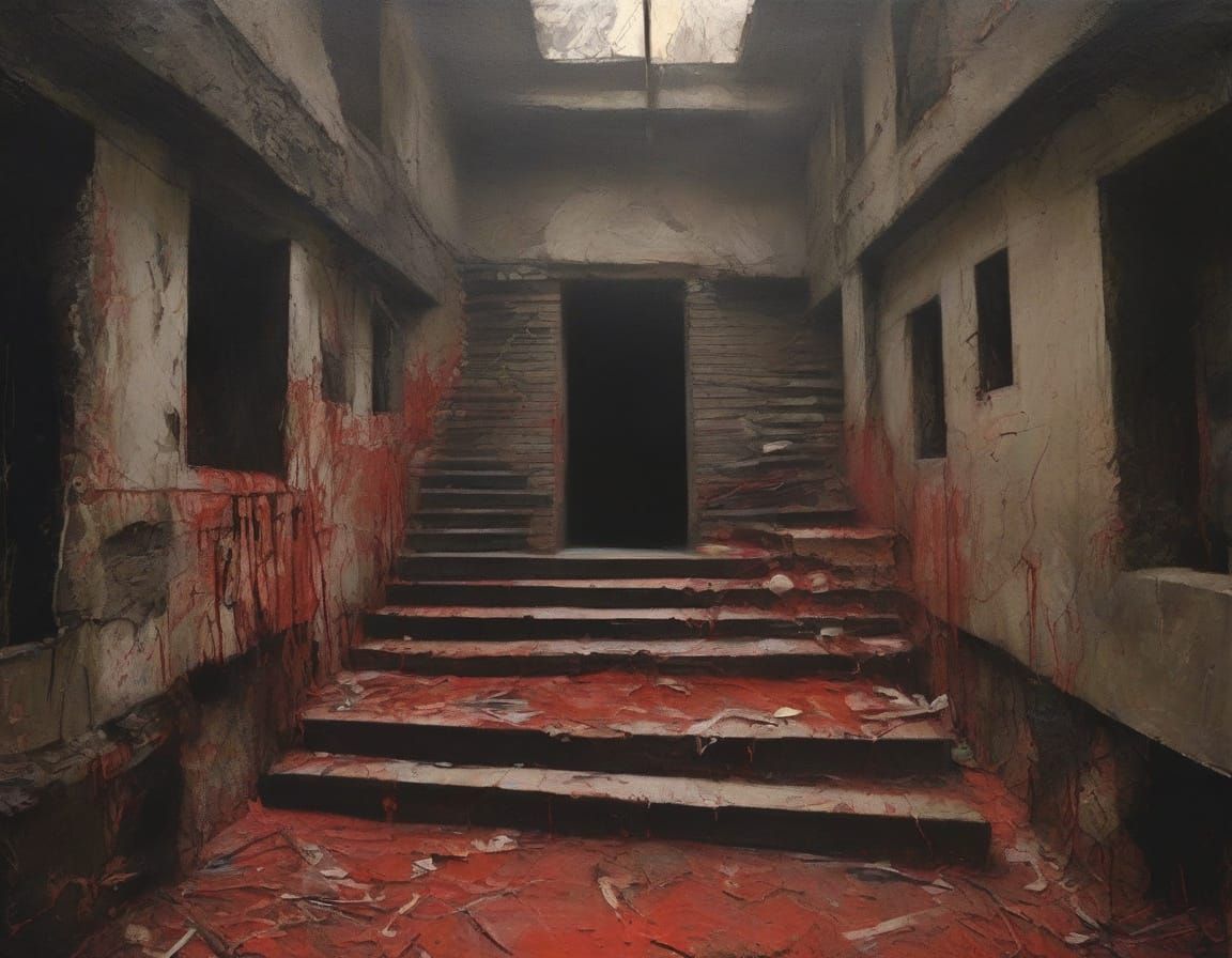 Two-Faced Figure in Brutalist Maze, Goya-Inspired Art