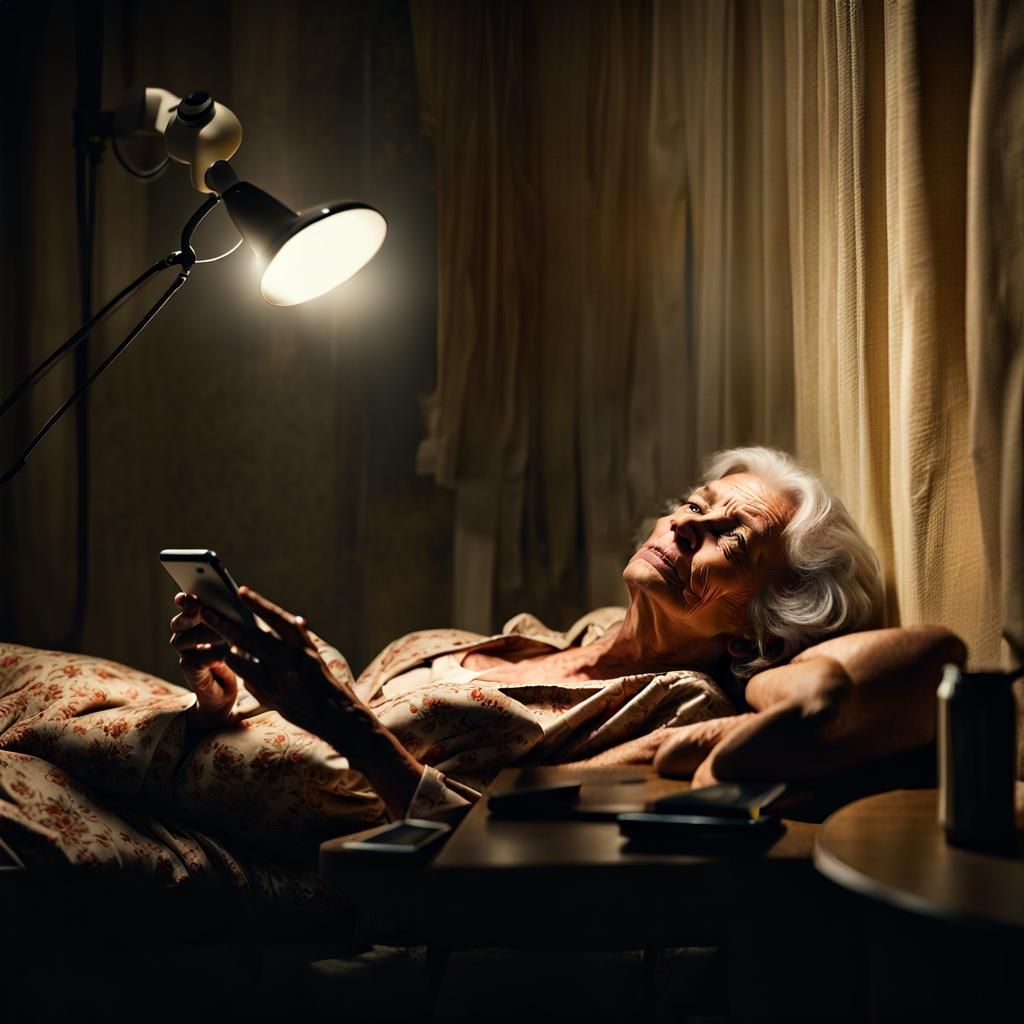 Tired Woman Uses Cell Phone in Dim Room