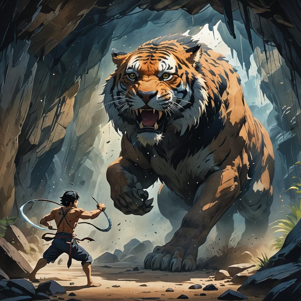 Epic Cave Battle: Man vs Sabertooth in Anime Style
