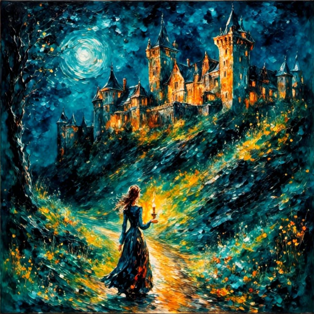 Ghostly Woman and Scottish Castle in Impasto Style