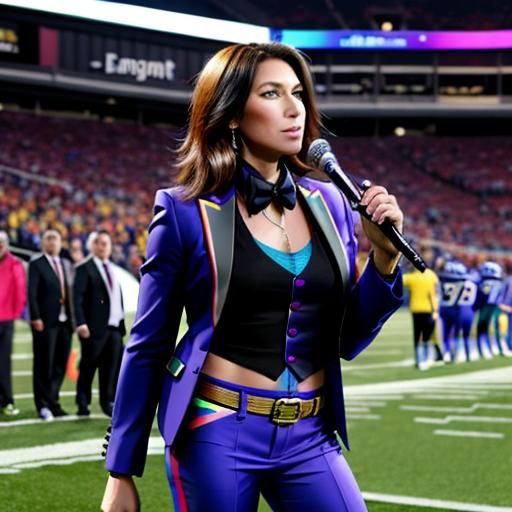 Sideline Reporter in Rainbow Suit at Football Game