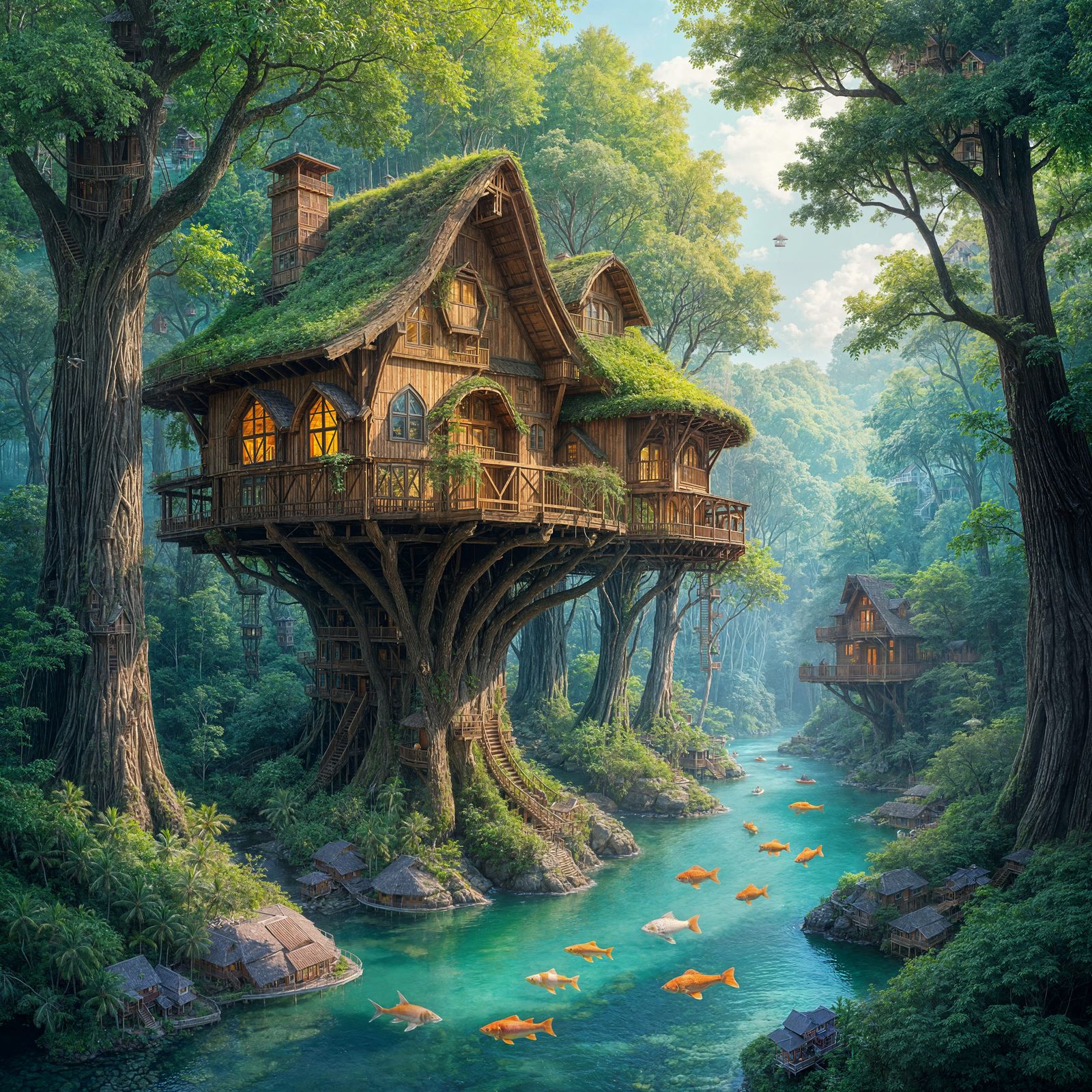 Enchanting Treehouses by Lazy River in Whimsical Style