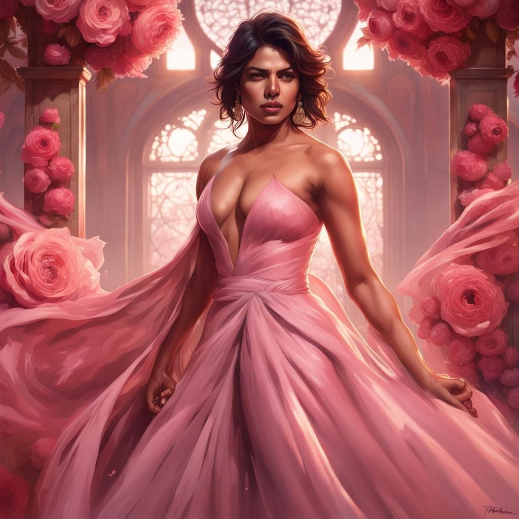 Rose Pink Gown Portrait in Art Nouveau Style