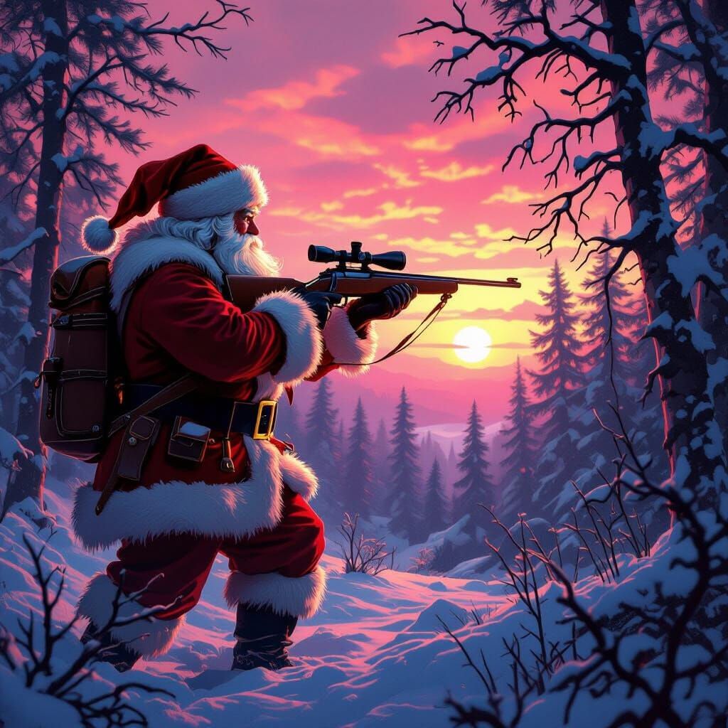 Santa Claus Hunting in a Magical Pink Sunset Forest