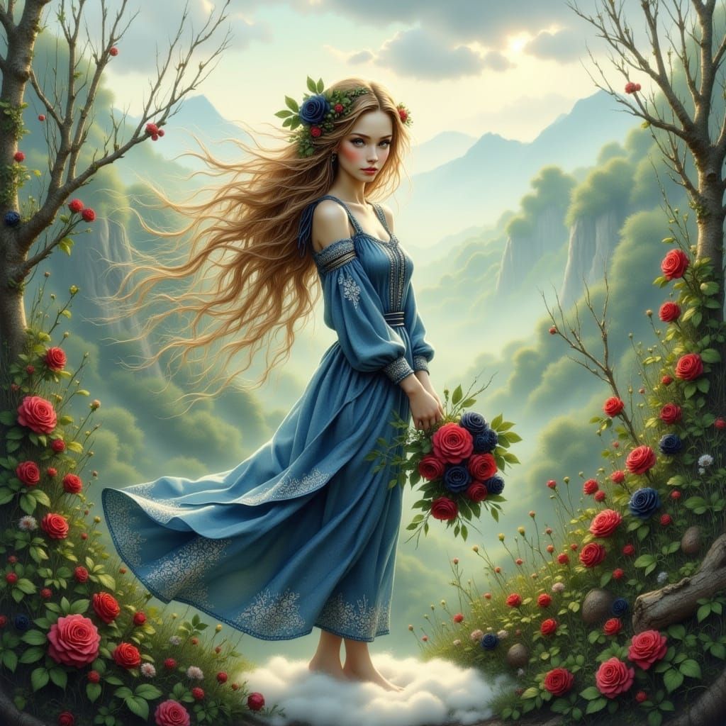 Elven Girl on Cloud with Roses in Magical Realism