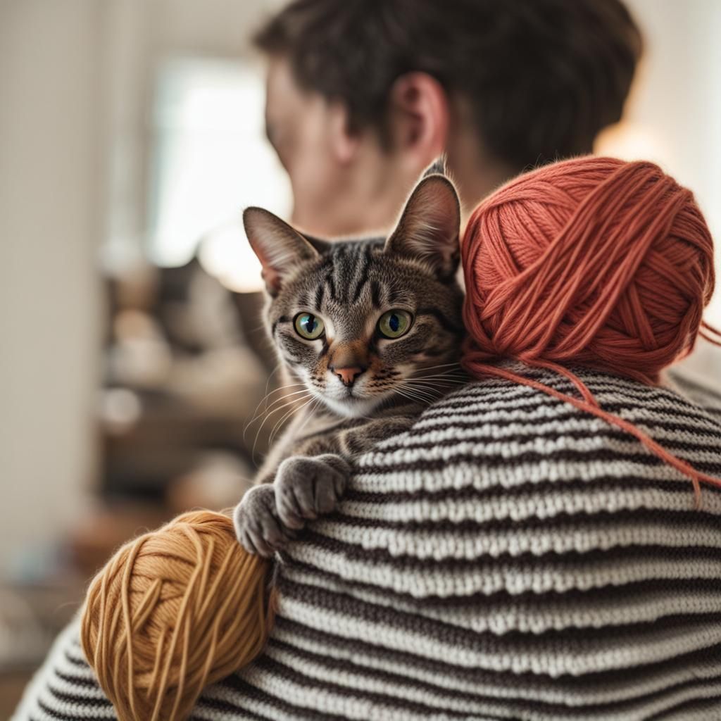 Cat on Shoulder Intrigued by Crochet Yarn