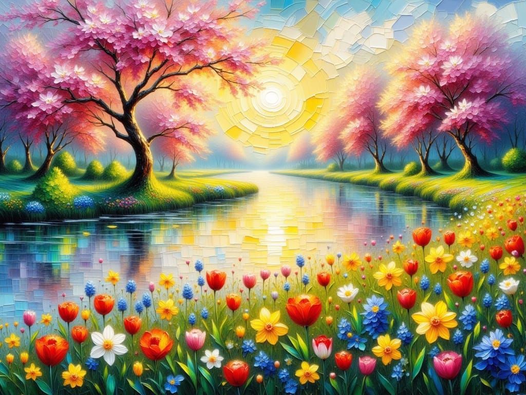 Spring River Landscape in Vibrant Impasto Style