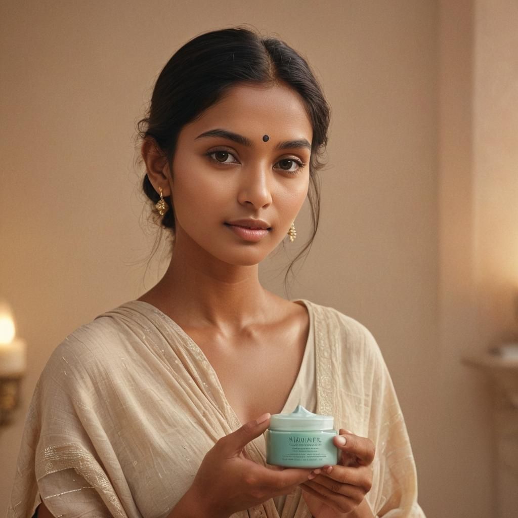 Radiant Indian Woman Holding Skincare Product
