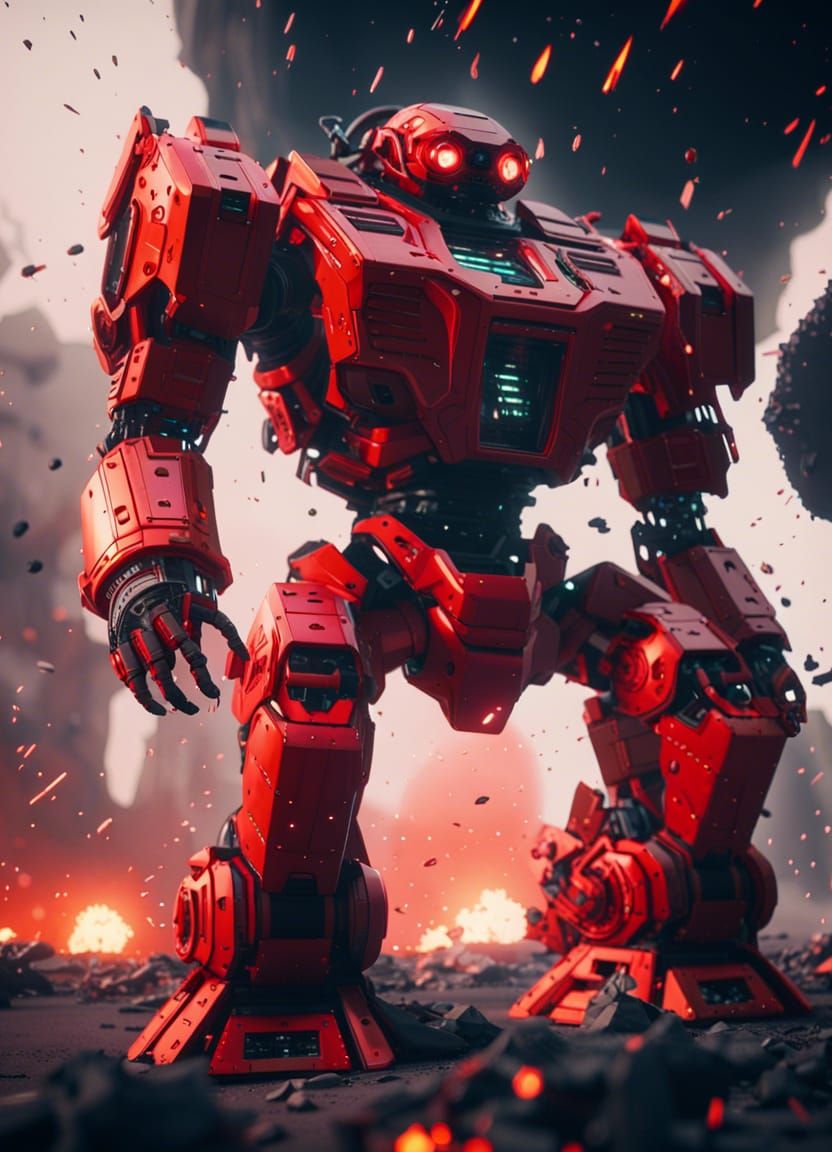 Giant Red Robot in Burning Space Station