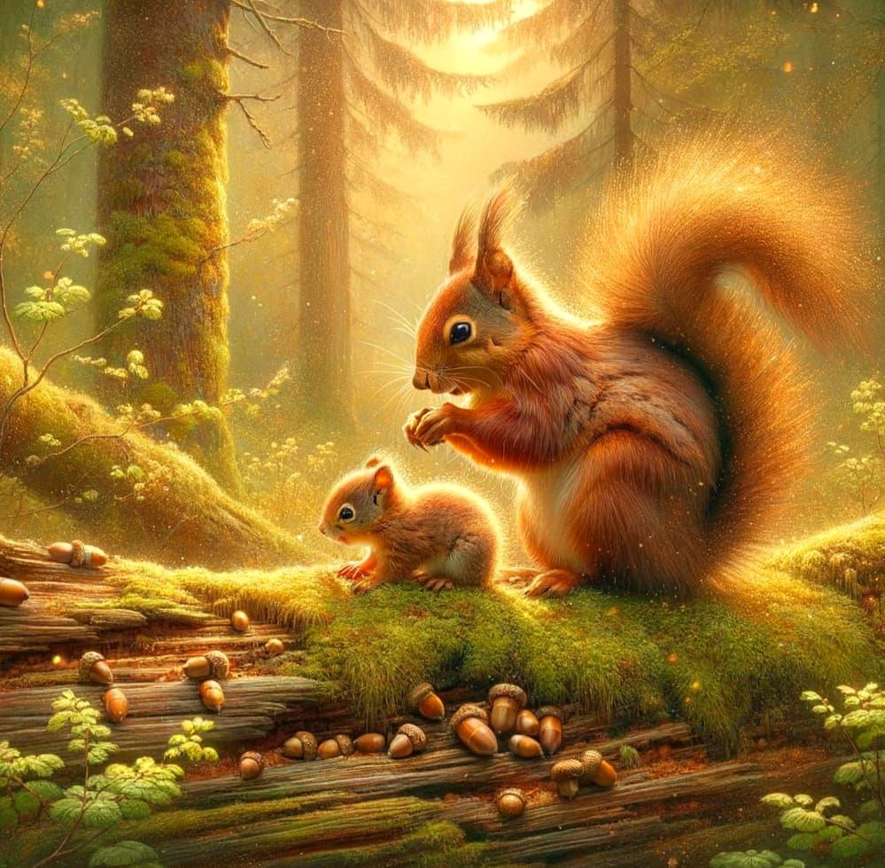 Golden Dawn Forest Scene with Mother Red Squirrel and Baby