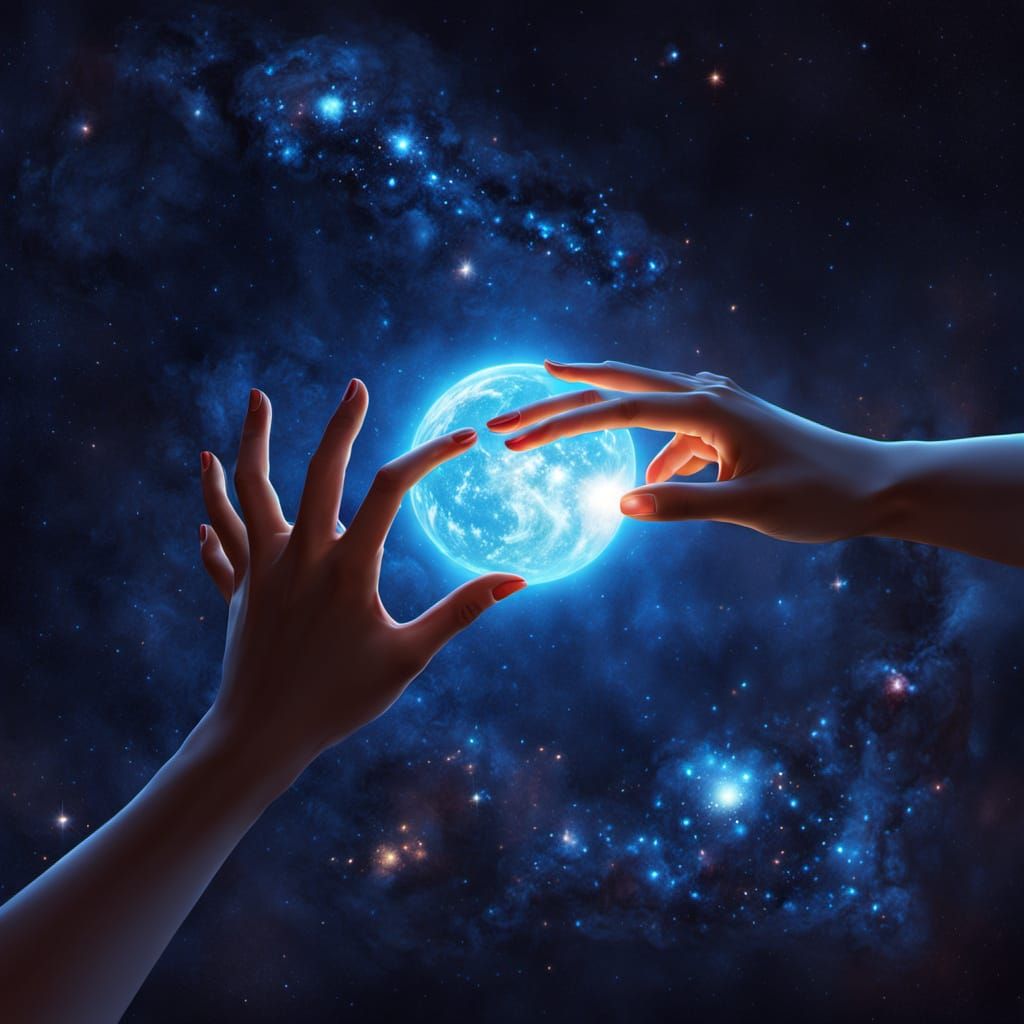 Ethereal Hands Reach Across the Cosmos as Oil Painting