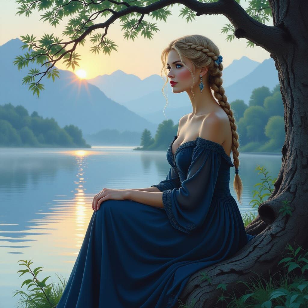 Norse Goddess Overlooking Misty Lake, in Romanticism Style