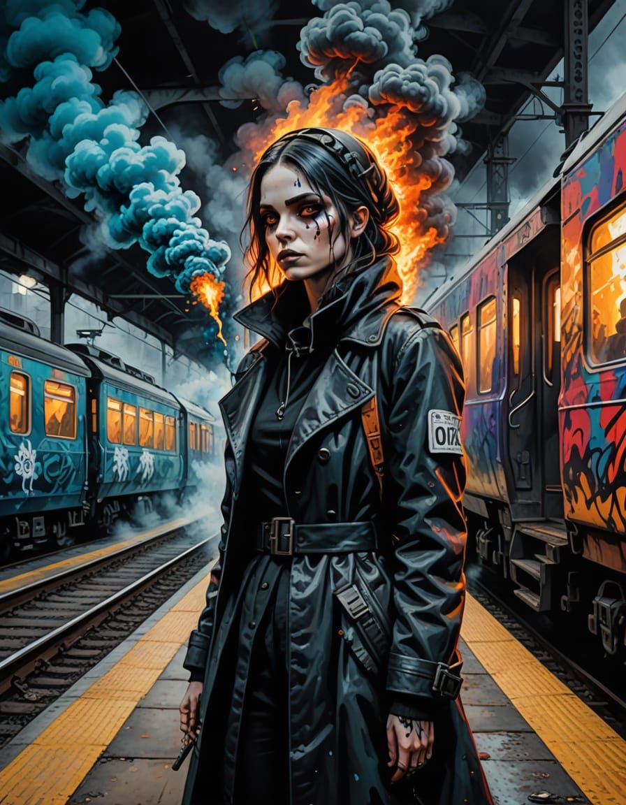 Gothic Woman in a Fiery Industrial Scene