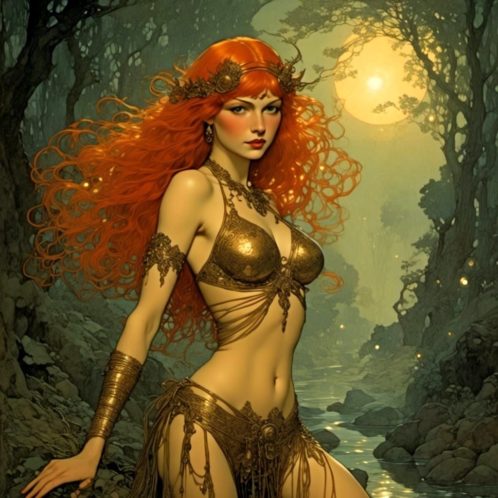 Alluring Redhead at Sunset in Pulp Art Style