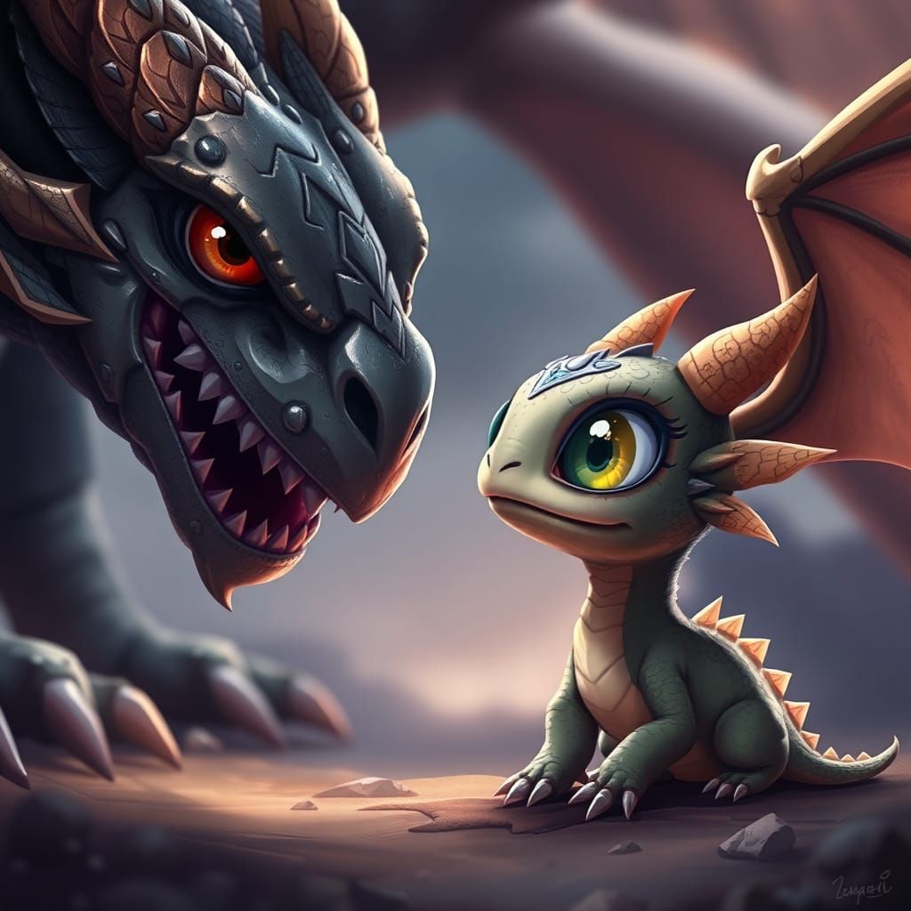 Cute Dragon Hatchling and Fearsome Dragon