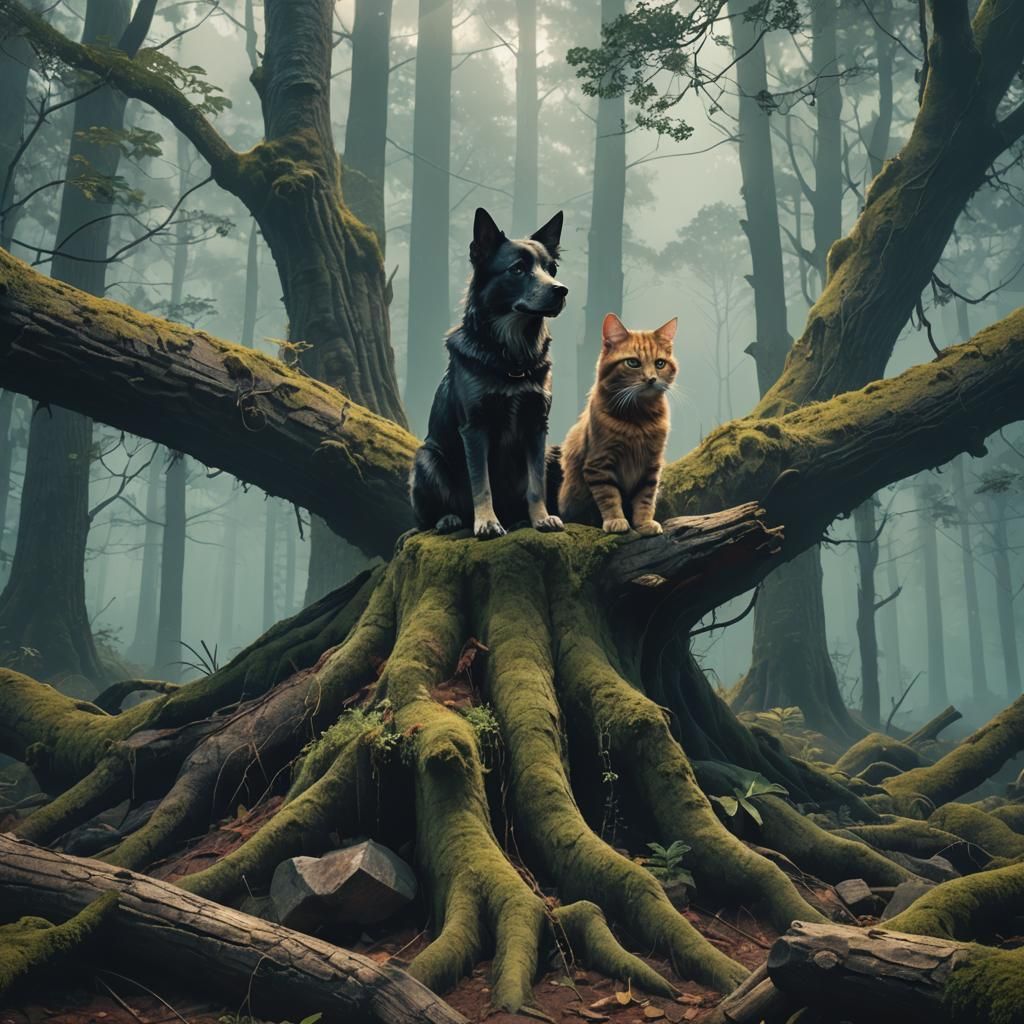 Dog and Cat in Misty Forest: Hyperrealistic Fantasy Art
