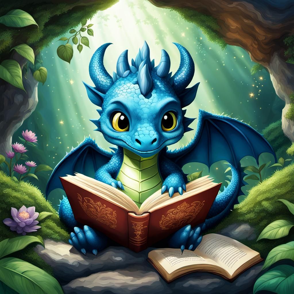 Whimsical Dragon Reading in Lush Cavern