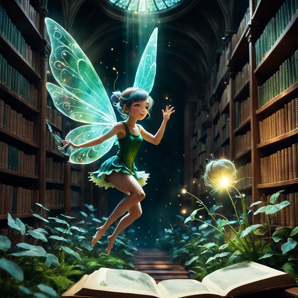 Ethereal Pixie in a Majestic Botanical Library