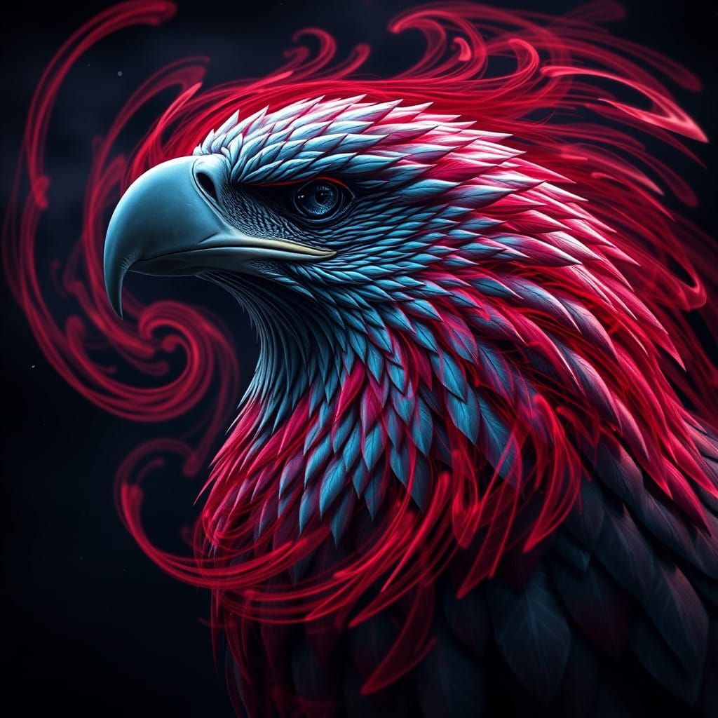 Regal Eagle's Head in Crimson Vortex of Iridescent Scales