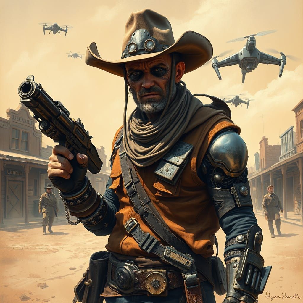 Cyborg Outlaw in Steampunk Cyberpunk Frontier Town