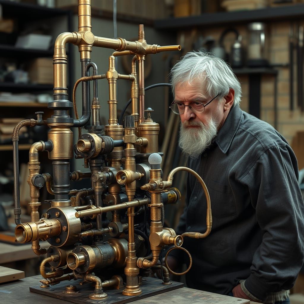 Steampunk Inventor's Brass Monstrosity in a Faded Workshop